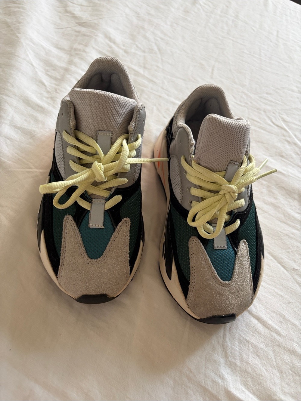 Kids Neutral Grey & Green Athletic Sneakers with Yellow Laces